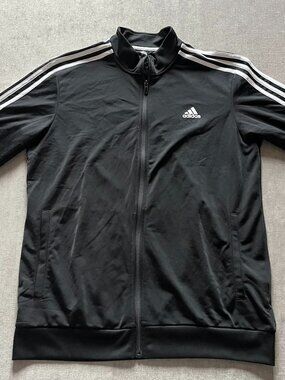 Adidas Track Jacket Full Zip Men Large Black 3 Stripes Logo Active Performance